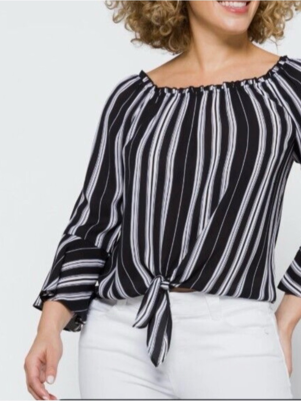 Women’s Black and White Striped Off-Shoulder Tie-Hem Blouse